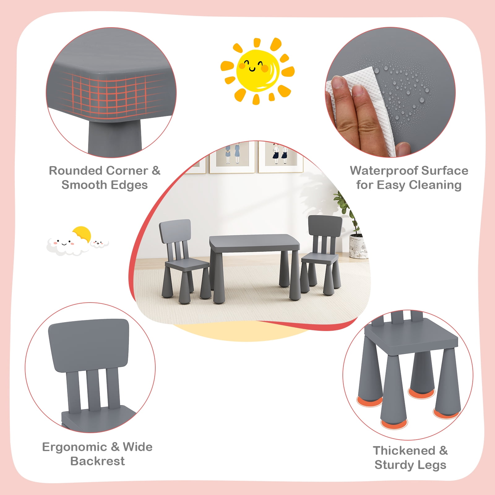 Gymax Kids Table & 2 Chairs Set Toddler Activity Play Dining Study Desk Gray