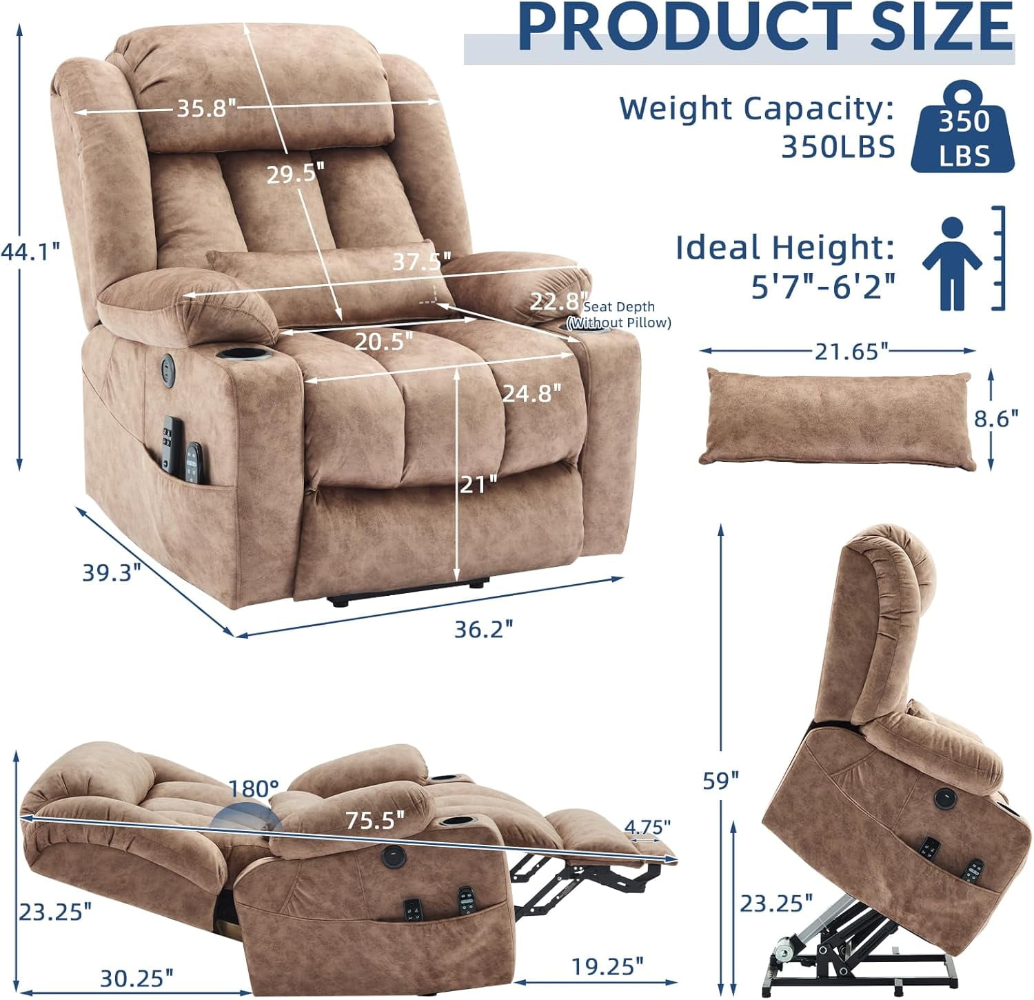 Large Dual Motor Lay Flat Power Lift Recliner Chair with Extended Footrest, Heat Massage, Oversized Electric Recliner for Big Tall Elderly, Lumbar Pillow, USB & Type-C Ports, Plush Brown