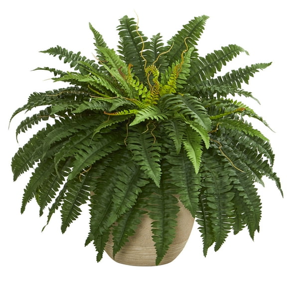 Nearly Natural 22in. Boston Fern Plastic Artificial Plant in Sandstone Planter, Green