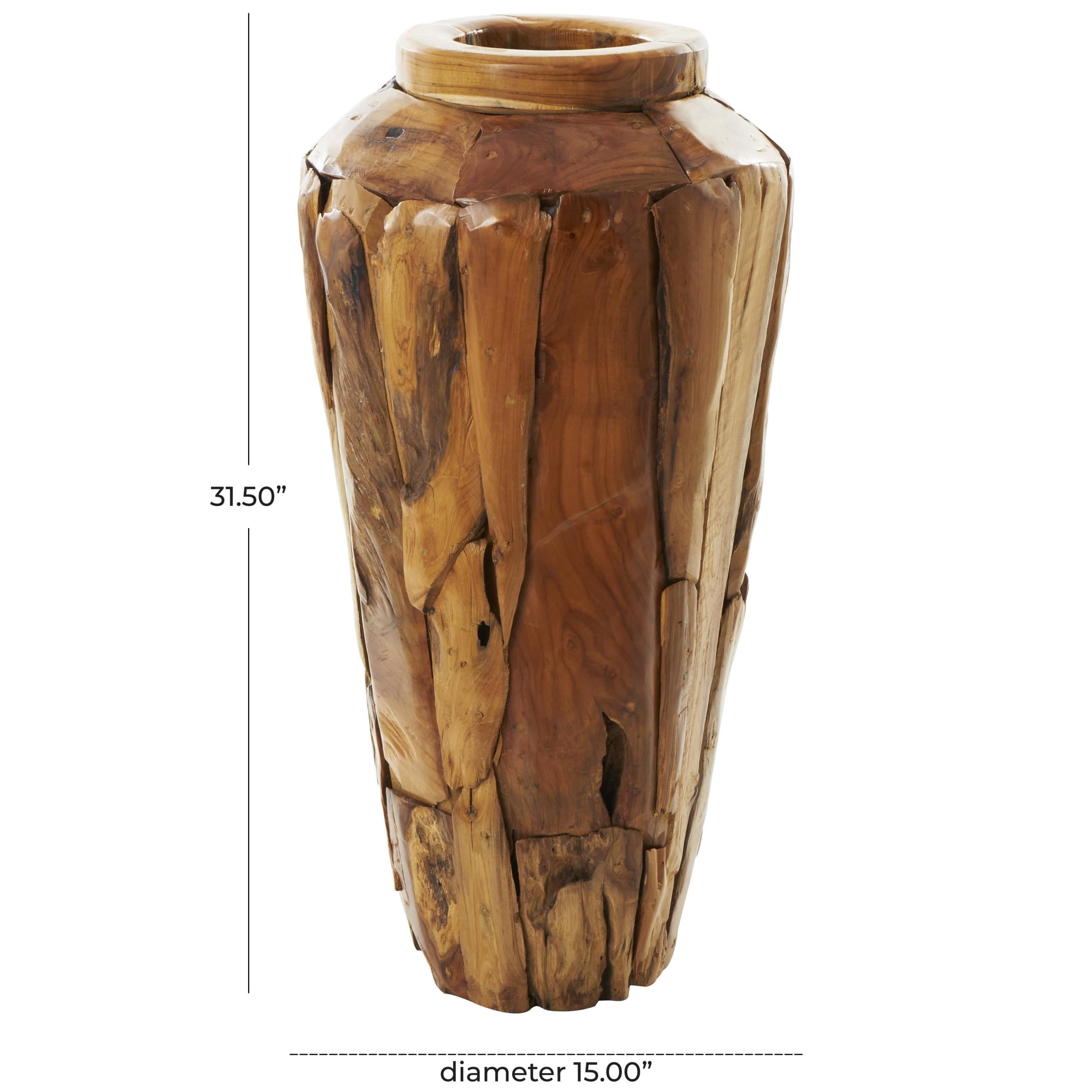 DecMode 32" Handmade Tall Floor Brown Teak Wood Vase with Mosaic Live Edge Pieces