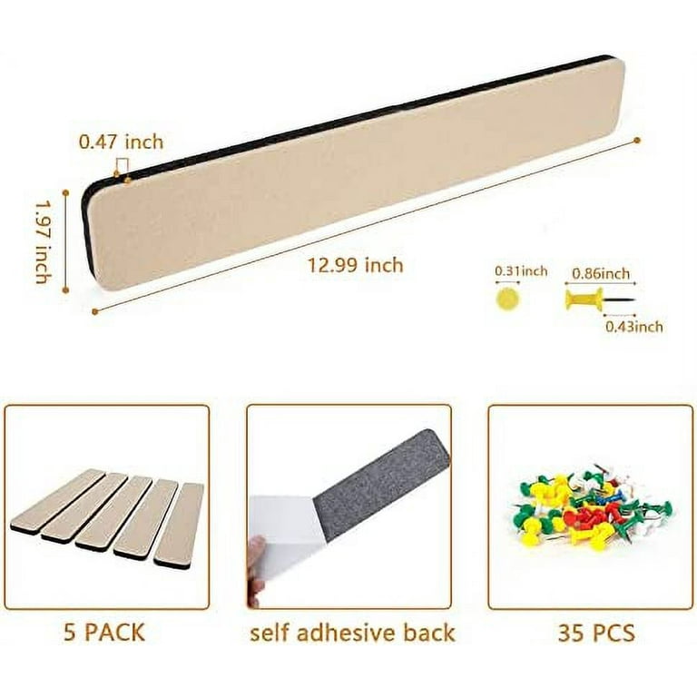 5 Pack Felt Pin Board Bar Strips Bulletin Board for Bedrooms Offices Home Wall Decoration, Notice Board Self Adhesive Cork Board with 35 Push Pins