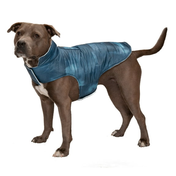 FurHaven Pet Coat | Water-Repellent Reversible Reflective Puffer Dog Coat, Blue Watercolor, Medium