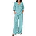 thumbnail image 2 of BRELIL Women Plus Size Summer V Neck Blouse Wide Leg Pants Two Piece Sets Casual Solid Boho Beach Vacation Travel Outfits Loungewear, Sky Blue 3XL, 2 of 7