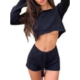 thumbnail image 3 of Gupgi 2Pcs Women Knit Outfits, Solid Color'Stripe Off Shoulder Crop Tops + Elastic Waist Shorts Set, 3 of 7
