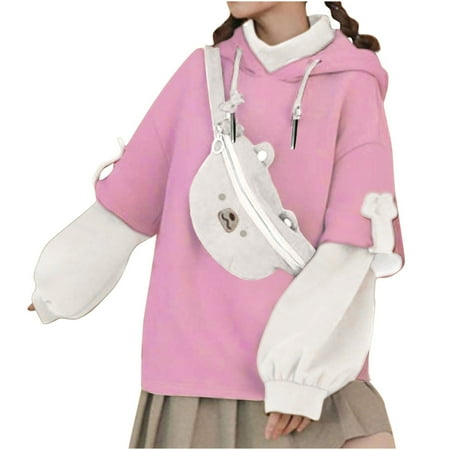 IROINNID Women s Long Sleeve Sweatshirt Mid-Length Color Block Loose Autumn Winter Sweatshirt with Personality Messenger Bag 2PC  Pink
