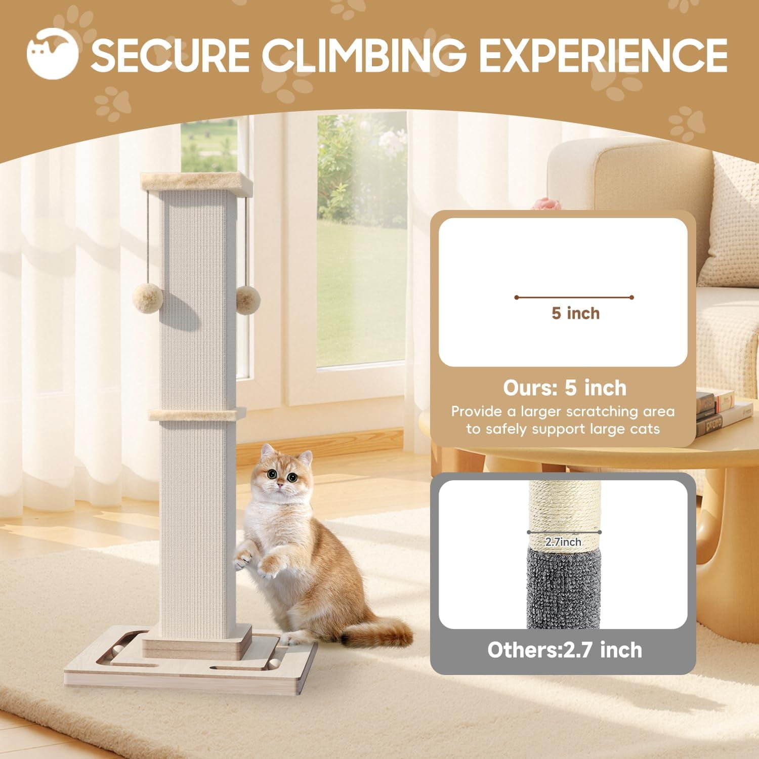 Large Cat Scratching Post, 32 Inch Tall Heavy Duty Scratching Post with Tracking Interactive Toys for Indoor