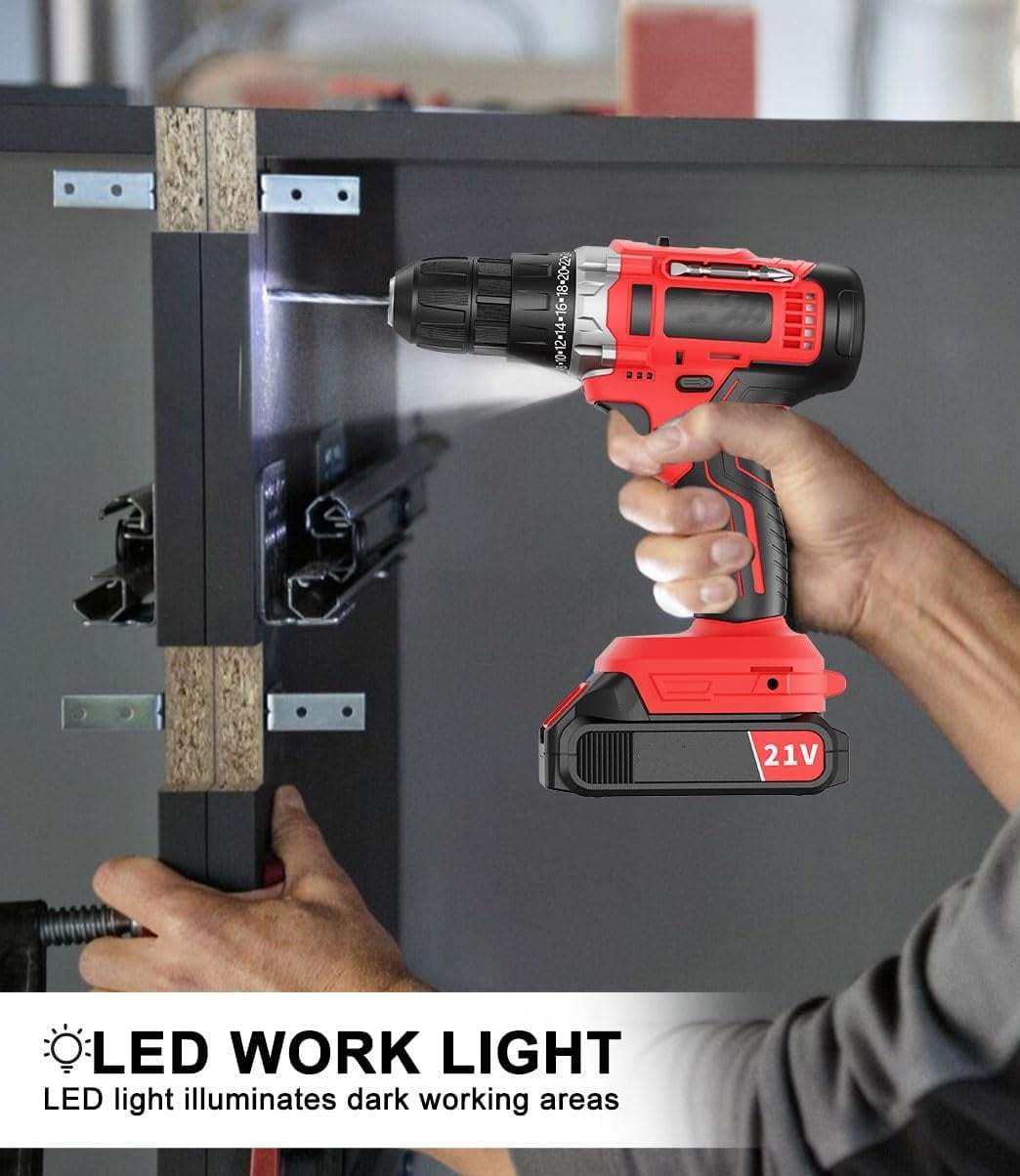 21V Cordless Drill Set,Electric Power Drill 34Pcs with 3/8 Inch Keyless Chuck, 25+3 Clutch Compact Driver Drill with Work Light, Max torque 45Nm, 2-Variable Speed & Battery and Fast Charger
