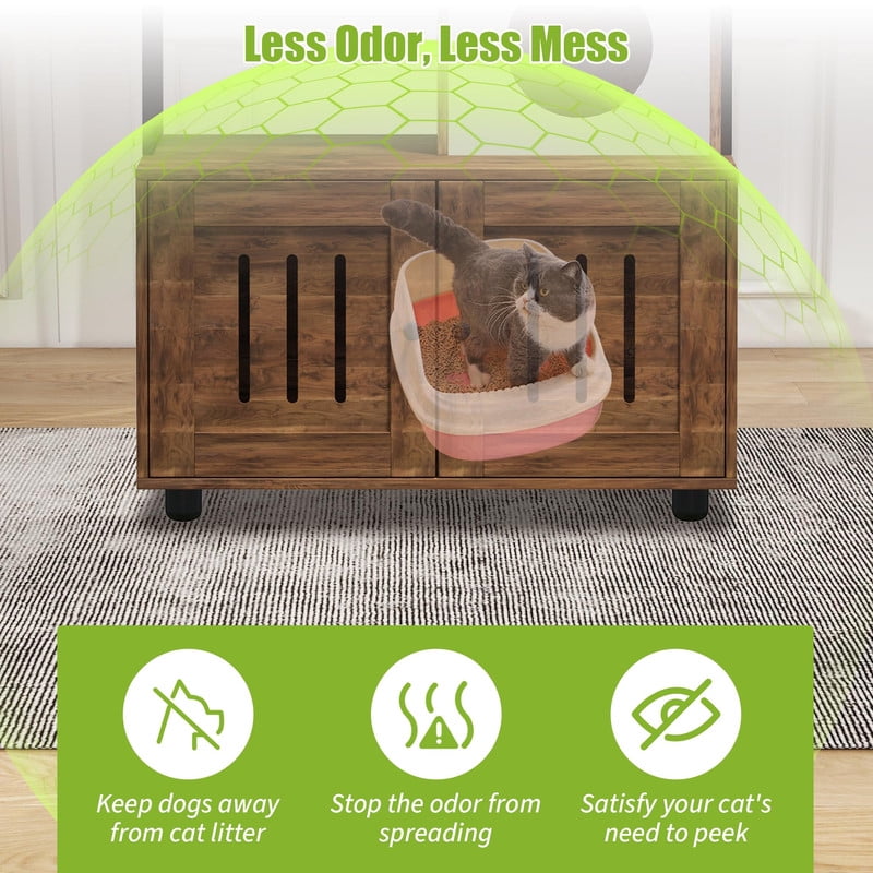 TROPOW 60" Cat Litter Box Furniture Cabinet with Condo, Brown Cat House with Storage Shelf, Sisal Hammock, Hanging Play Ball and Reversible Entry Door, Hidden Litter Enclosure for Indoor Cats