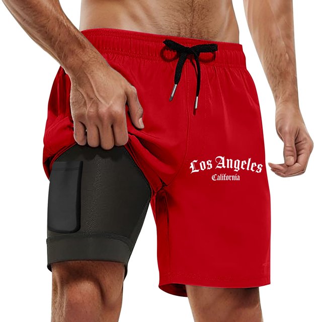 Mens Workout Shorts Swim Trunks Compresssion Liner Inseam Board Shorts Bathing Suit With Pockets Sweat Shorts Men Red S