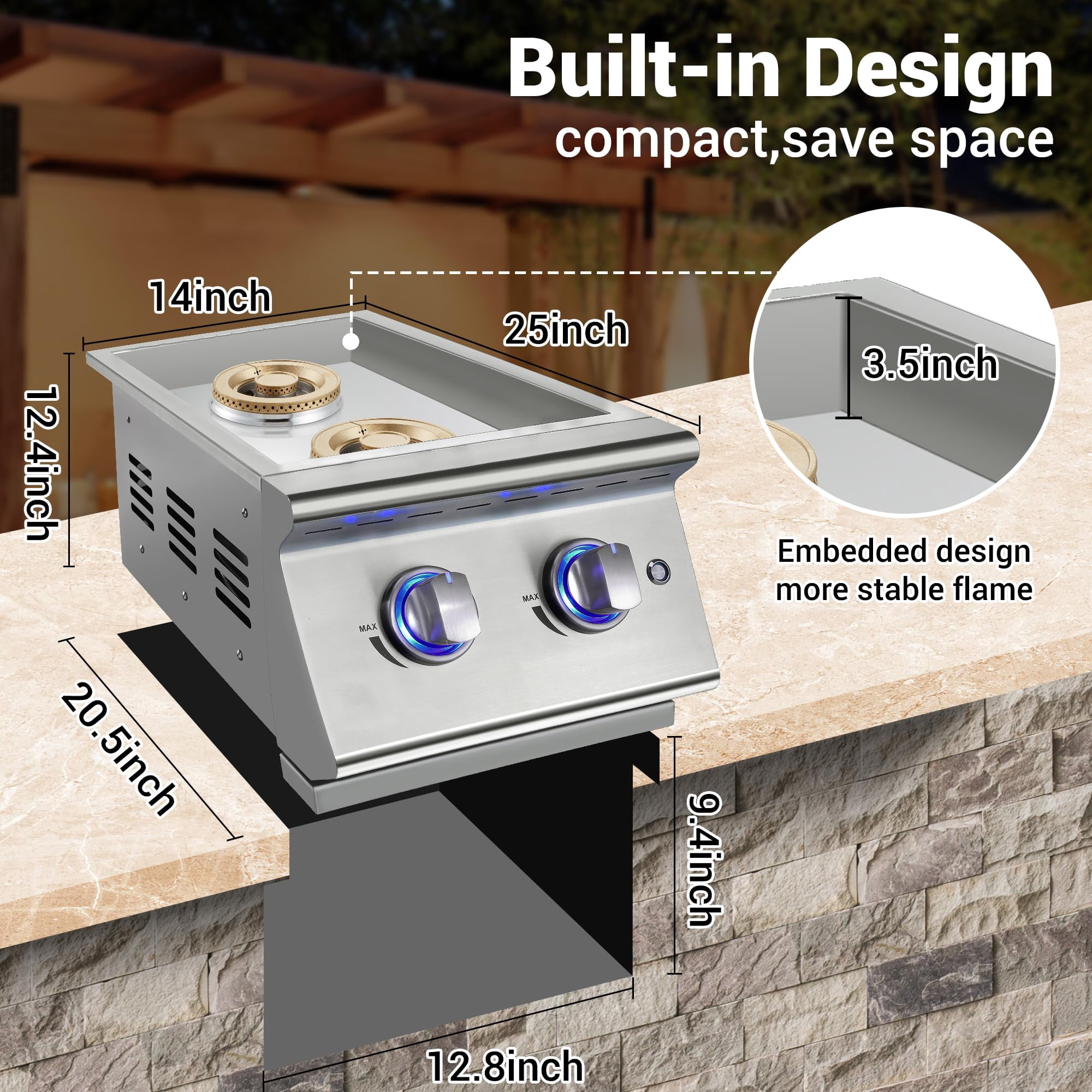 Livory Double Grilling Side Burners for Outdoor Kitchen, 2 * 17,000BTU Nature Gas Burners, Duty Heavy 304 Stainless Steel, Built-in Side Burner for BBQ Island Grill (Nature Gas)
