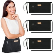 HEQUSIGNS 3 Pcs Server Aprons with 3 Pockets, Black Waiter Waitress Apron with Longer Strap, Waterproof Waist High Bar Apron for Cafe, Cashier, Pub (Unisex)