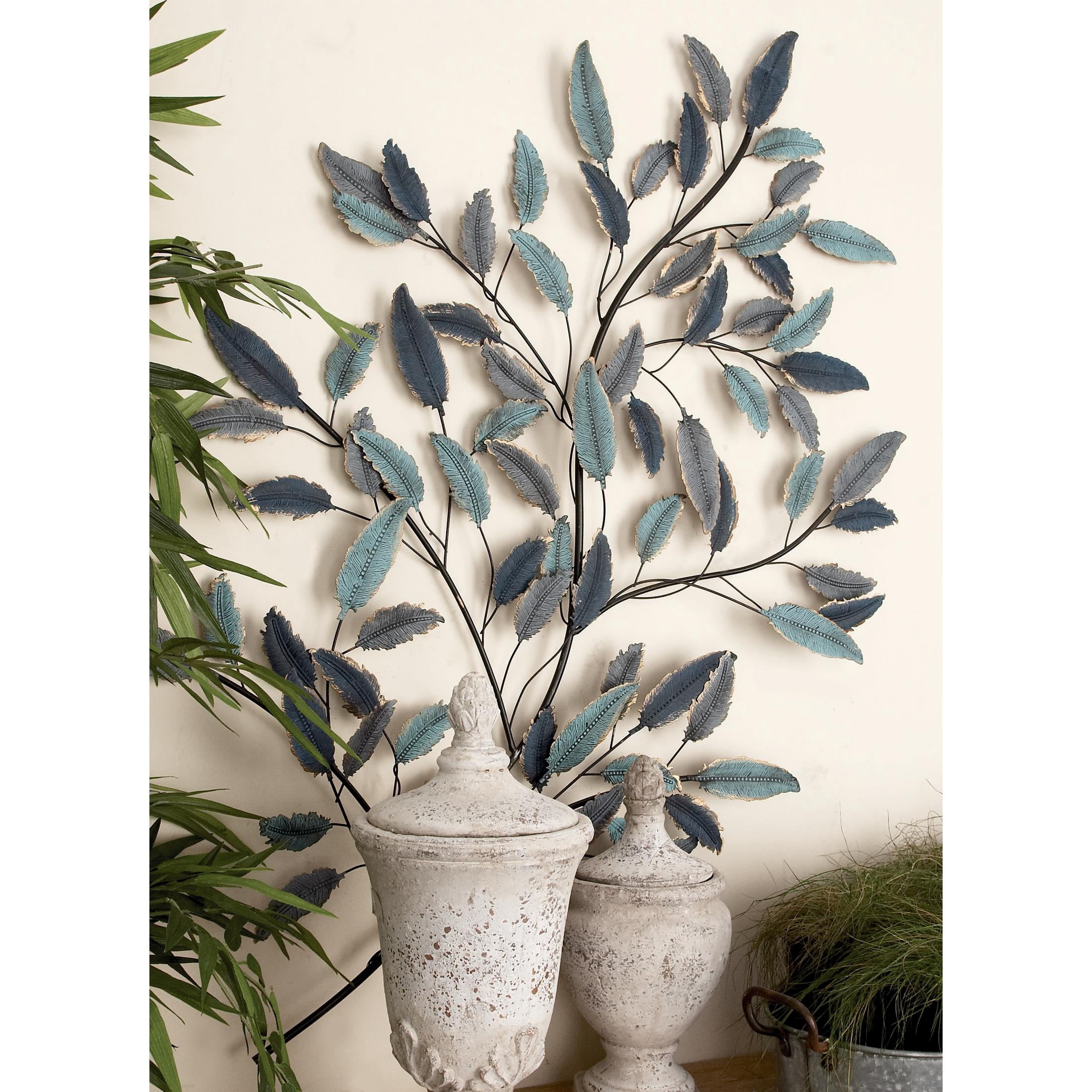 DecMode Blue Metal Leaf Wall Decor with Gold Accents