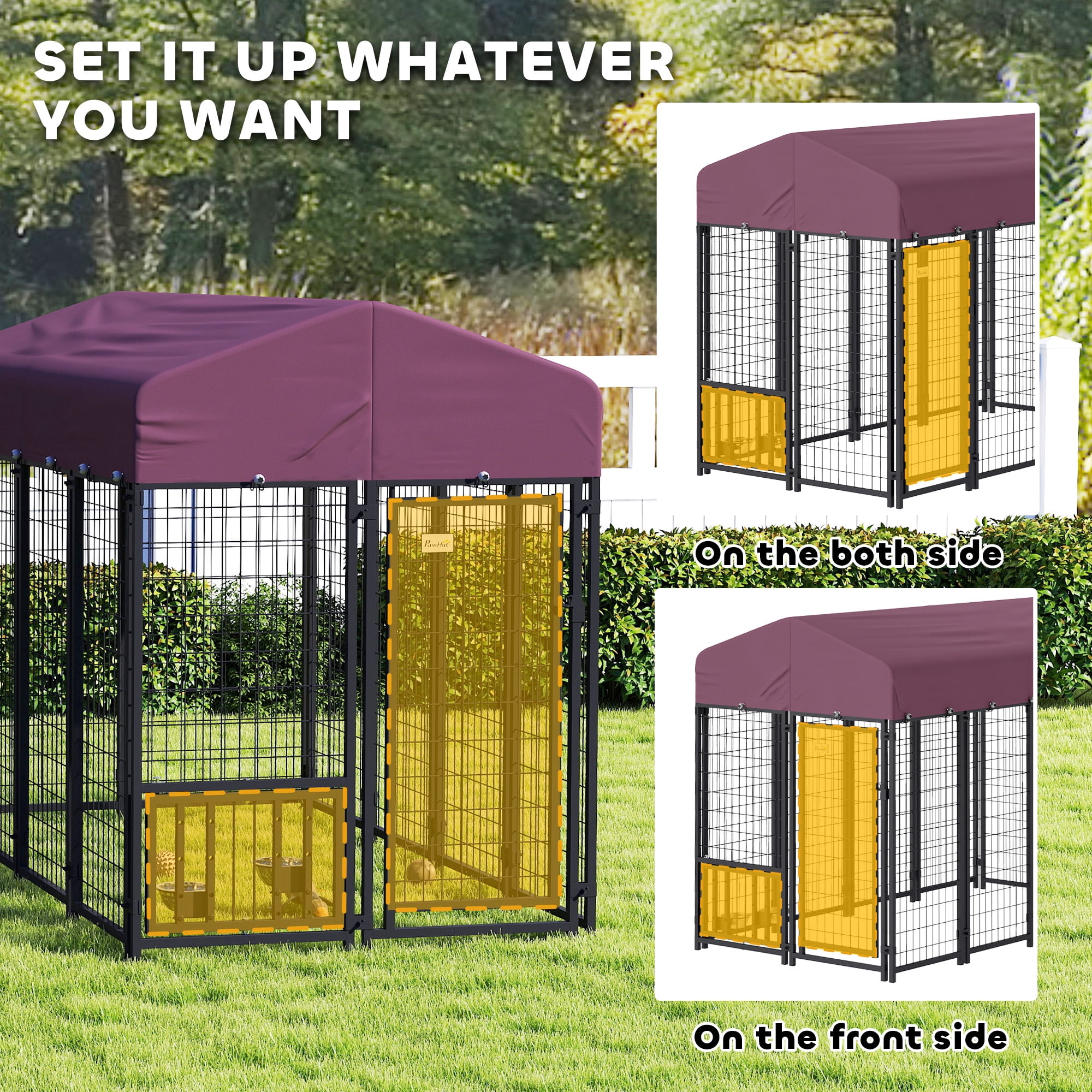 PawHut Outdoor Dog Kennel, Welded Wire Dog Run with 360° Rotating & 4 Levels Adjustable Bowls, Waterproof & UV Resistant Cover, 7.9' x 4' x 6'