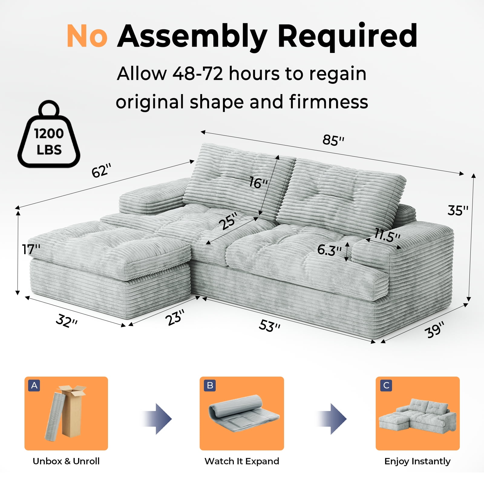 85" Modular Sectional Sofa for Living Room, L-Shaped Corduroy Cloud Couch with Ottoman, Two-Layer Cushion, No Assembly Boneless Sofa, Gray