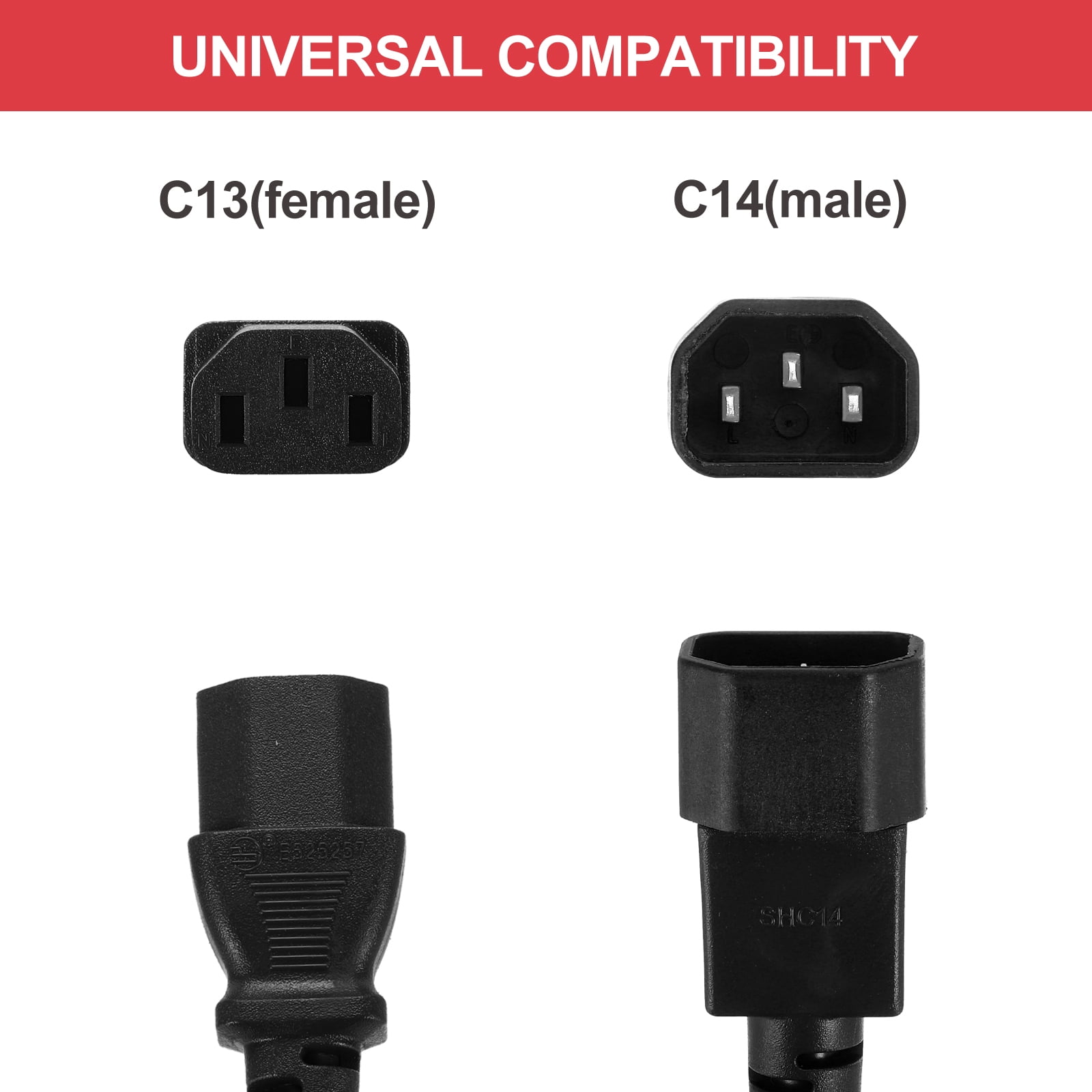 10ft 18 AWG Black 18/3 Universal Power Cord C14 to C13 10A 250V 3-Prong Extension PDU Power Cables