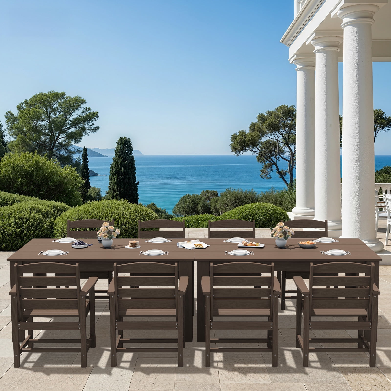 SERWALL Outdoor Dining Set for 10, 2 Outdoor Dining Tables with Umbrella Hole and 8 Armless Dining Chairs, All Weather Patio Dining Set, All Weather Patio Dining Set, Coffee
