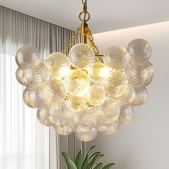 Nordic Bubble Ball Chandelier Lighting Dia 24 Inch Gold Clear Ribbed Blown Glass Chandeliers Ceiling Medallions Light Fixture for Bedroom, Living Room, Entry, Sturdy Room, Restaurant