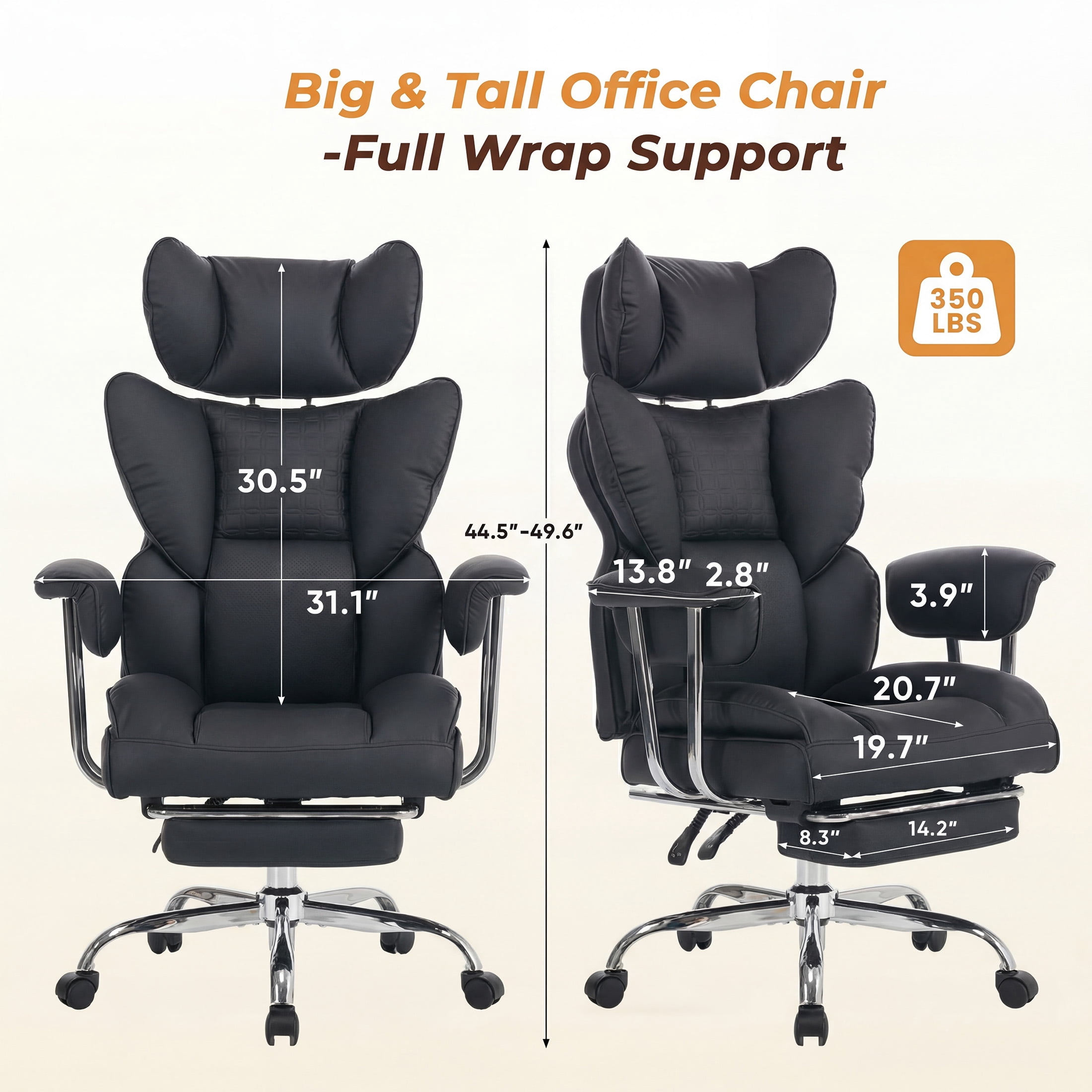 CONCETTA Ergonomic Big and Tall Office Chair, Scratch-Resistant PU Leather Executive Desk Chair with Spring Lumbar Support Black