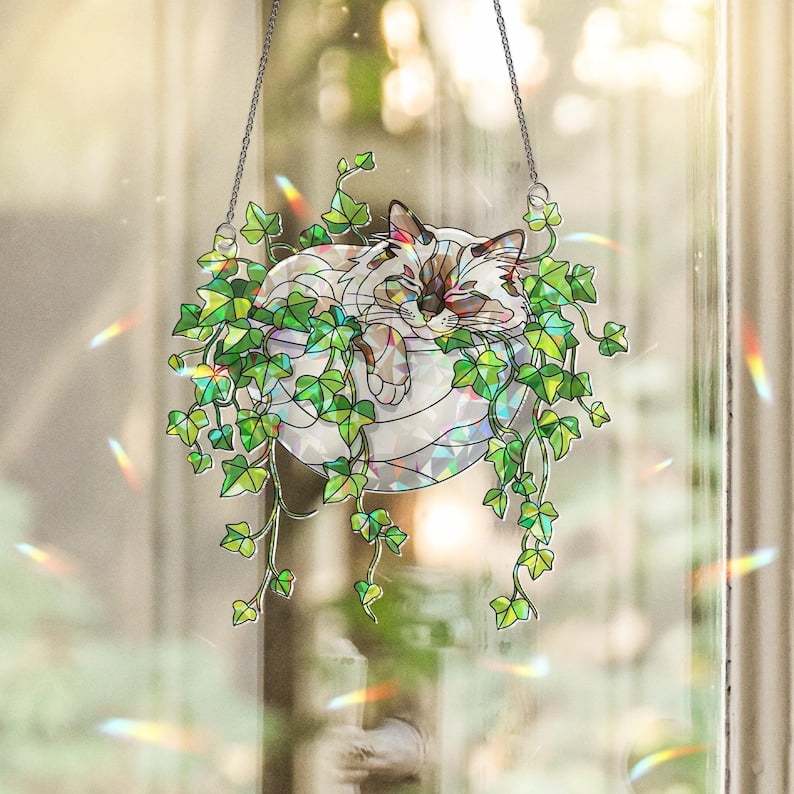 Birman Cat Hologram Ornament: Sleeping Cat in Ivy Acrylic Window Hanging