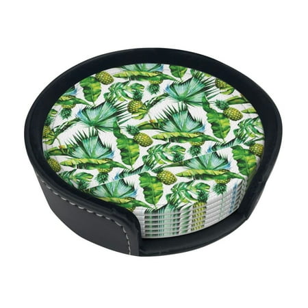 

Round Pu Leather Coaster Tropical Leaves Pineapple Heat - Resistant Beverage Cup Mat-Fancy Decor For Kitchen Office Dining Room Table - Drink Protector 6-Slice