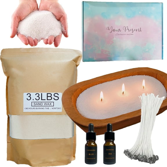 Pearled Candle Sand Gift Set with Wicks,3.3 lbs Sand Wax Candle Kit:Wooden Dough Bowl,100 Wicks,Scented Oil,Up to 360 Hours Burn Time,Non-Toxic,Reusable Candle Making Kit,White
