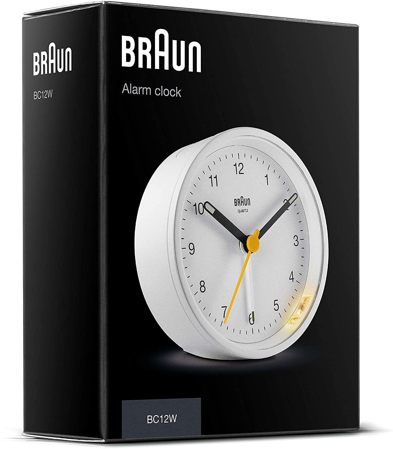 Braun Classic Analogue Alarm Clock with Snooze and Light, Quiet Quartz Movement, Crescendo Beep Alarm in White, model BC12W.