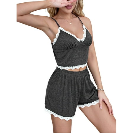 

Huakaishijie Women 2Pcs Pajamas Sets Lace V Neck Sling Strap Cami Tops and Shorts Sleepsuit Loungewear