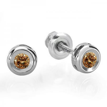 Gold Champagne Diamond Earrings - 0.15 Carat (ctw) 14K White Gold Round Cut Champagne Diamond Bezel Stud Earrings