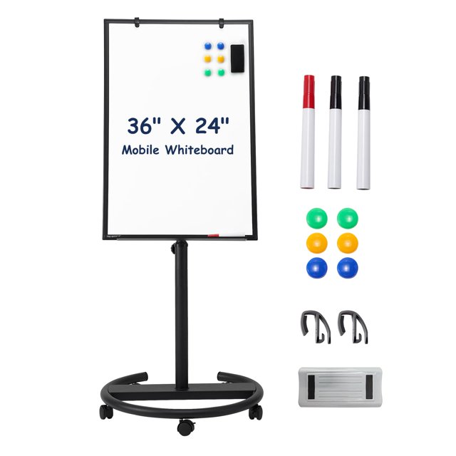 TSJ OFFICE Tableau Blanc Mobile Debout - Chevalet Magnétique Effaçable à Sec 36 X 24 Pouces, Tableau Blanc Roulant Réglable en Hauteur sur Roulettes avec Crochets pour Tableau Rabattable, Noir