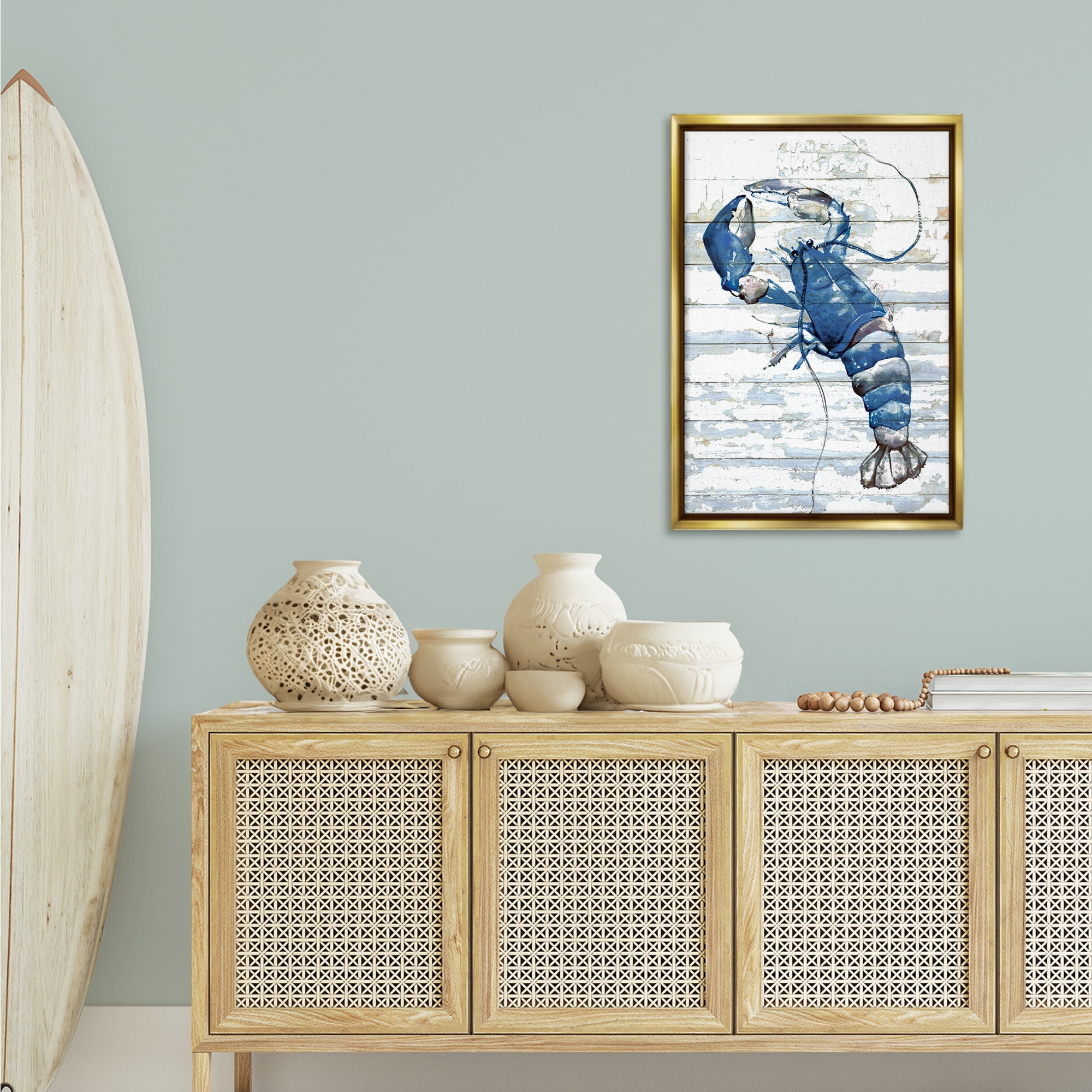 Stupell Industries Blue Lobster on Distressed Animals Painting Gold Floater Framed Canvas Art Print Wall Art, 21 x 31