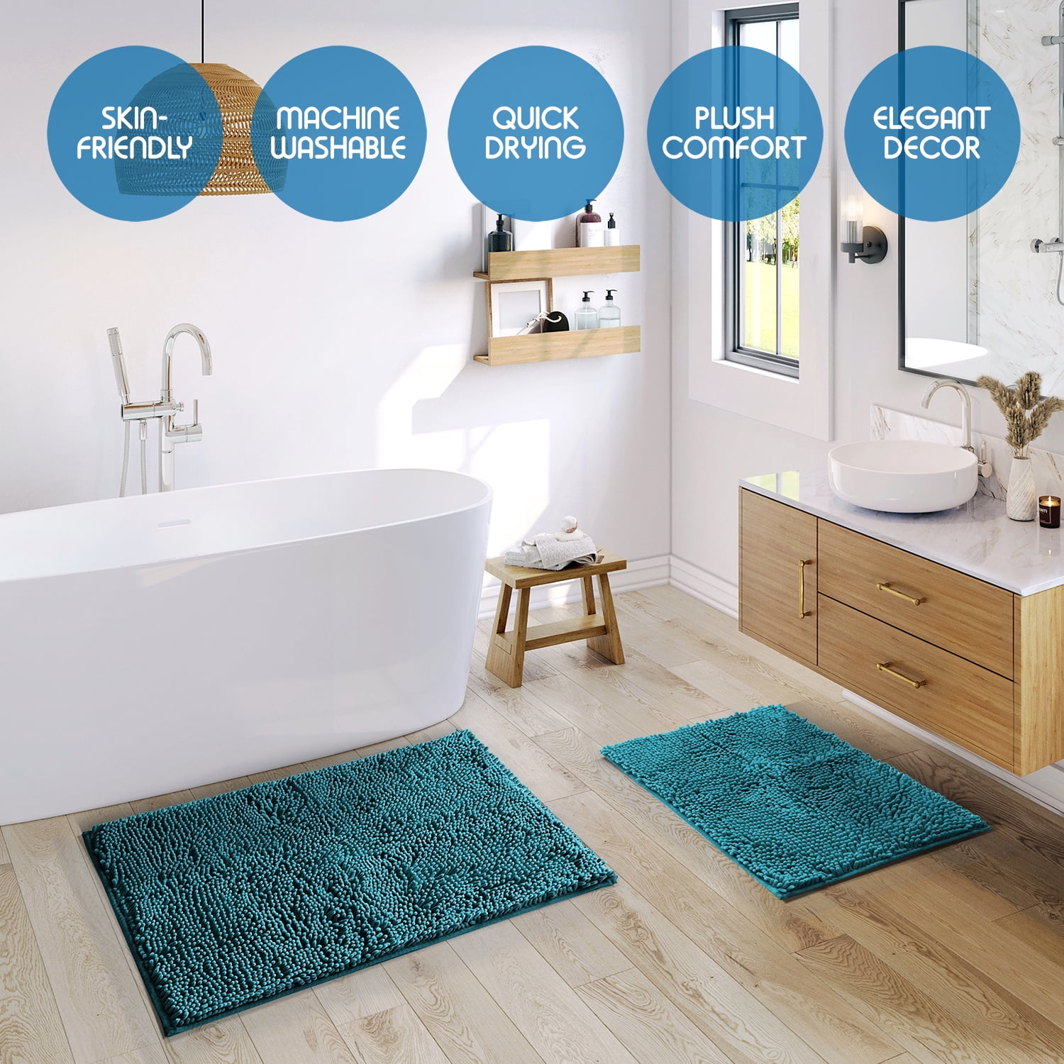 Nestl Bathroom Rugs, Machine Washable Bath Mats For bathroom Floor Rugs, Nonslip Backing Rubber Bath Rug, Teal