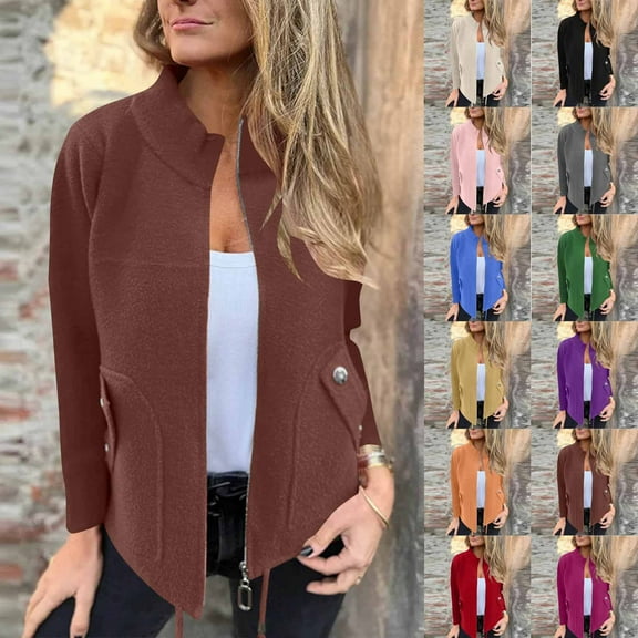 Juebong Womens Cropped Pea Coat Zip Up Long Sleeve Wool Coats Jacket Short Blazer Jackets Peacoat Fall Winter Outwear Overcoat Black,XXL