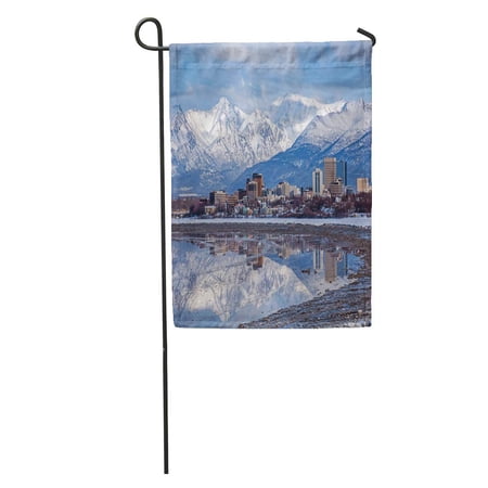SIDONKU Alaska Anchorage Skyline Winter Reflection City Cityscape Chugach Snow Garden Flag Decorative Flag House Banner 28x40 inch