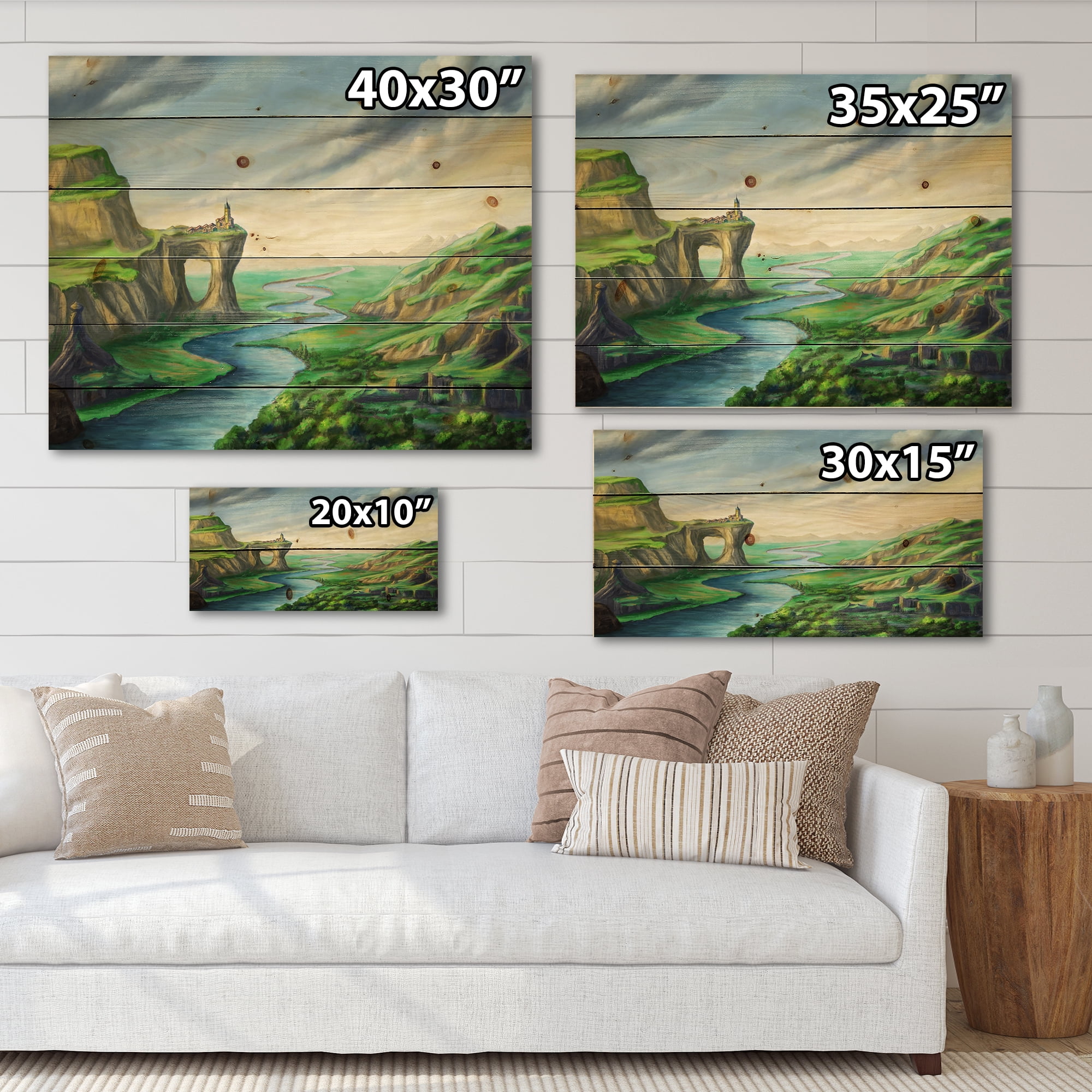 Designart 'Meandering River With Blue Fantasy Landscape' Lake House Print on Natural Pine Wood