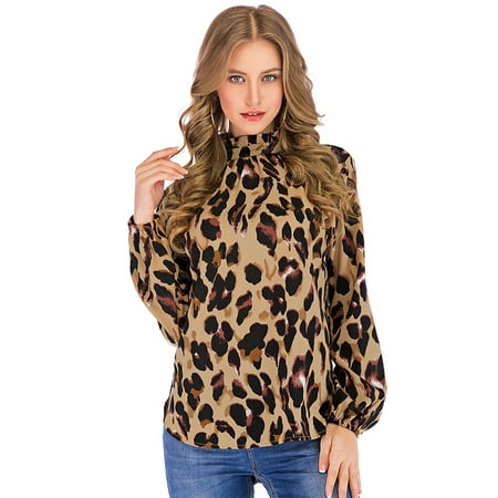 Women Leopard Print Blouse Shirts Ruffles Turtleneck Long Sleeves ...