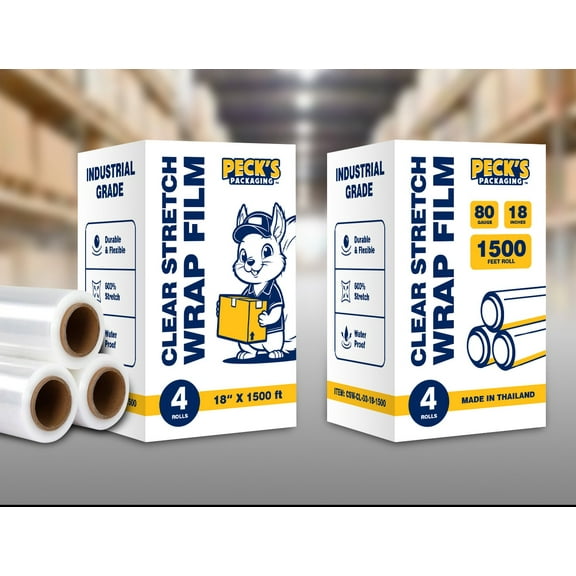 Peck's Packaging 80 Gauge Clear Stretch Wrap Film – 18" x 1500' – Heavy Duty Pallet Wrap – Industrial Strength – 4 Rolls
