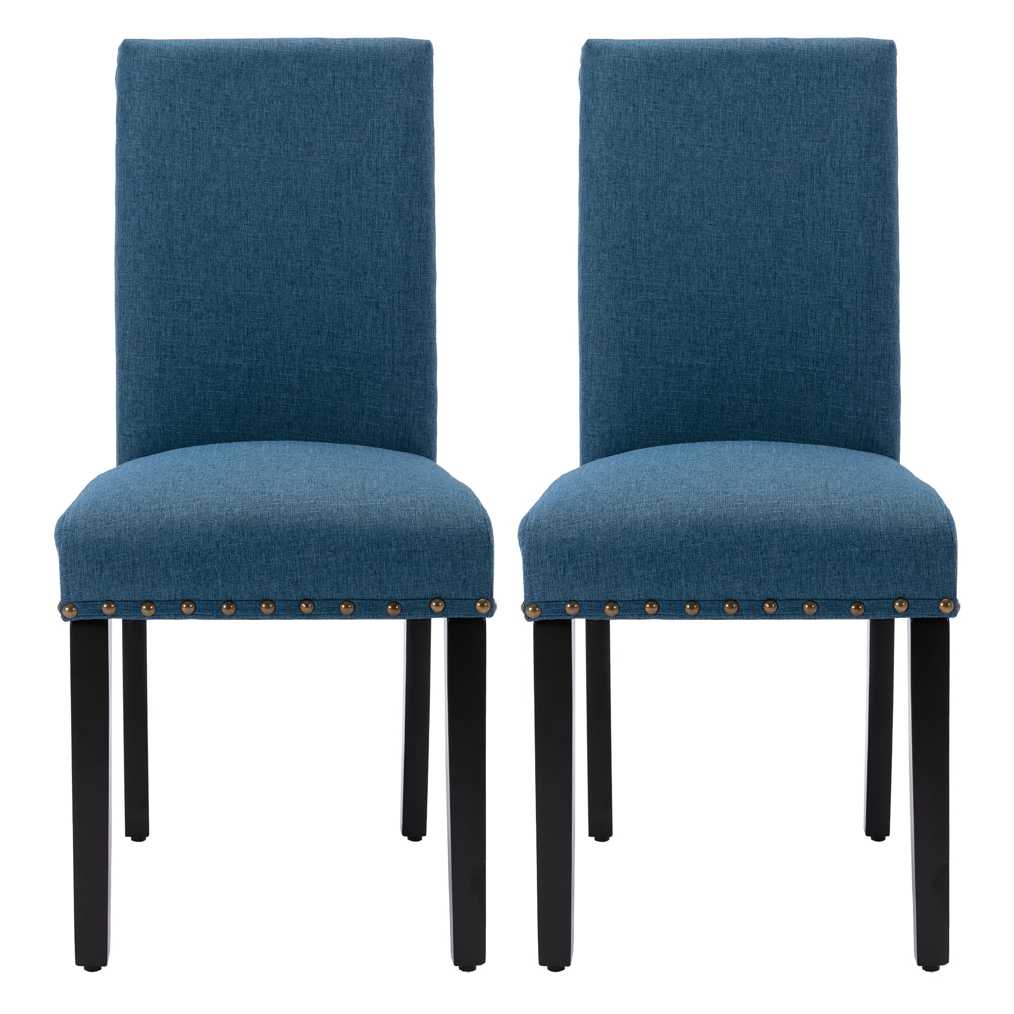 High Back Fabric Upholstered Dining Chairs with Nailhead Trim in Blue