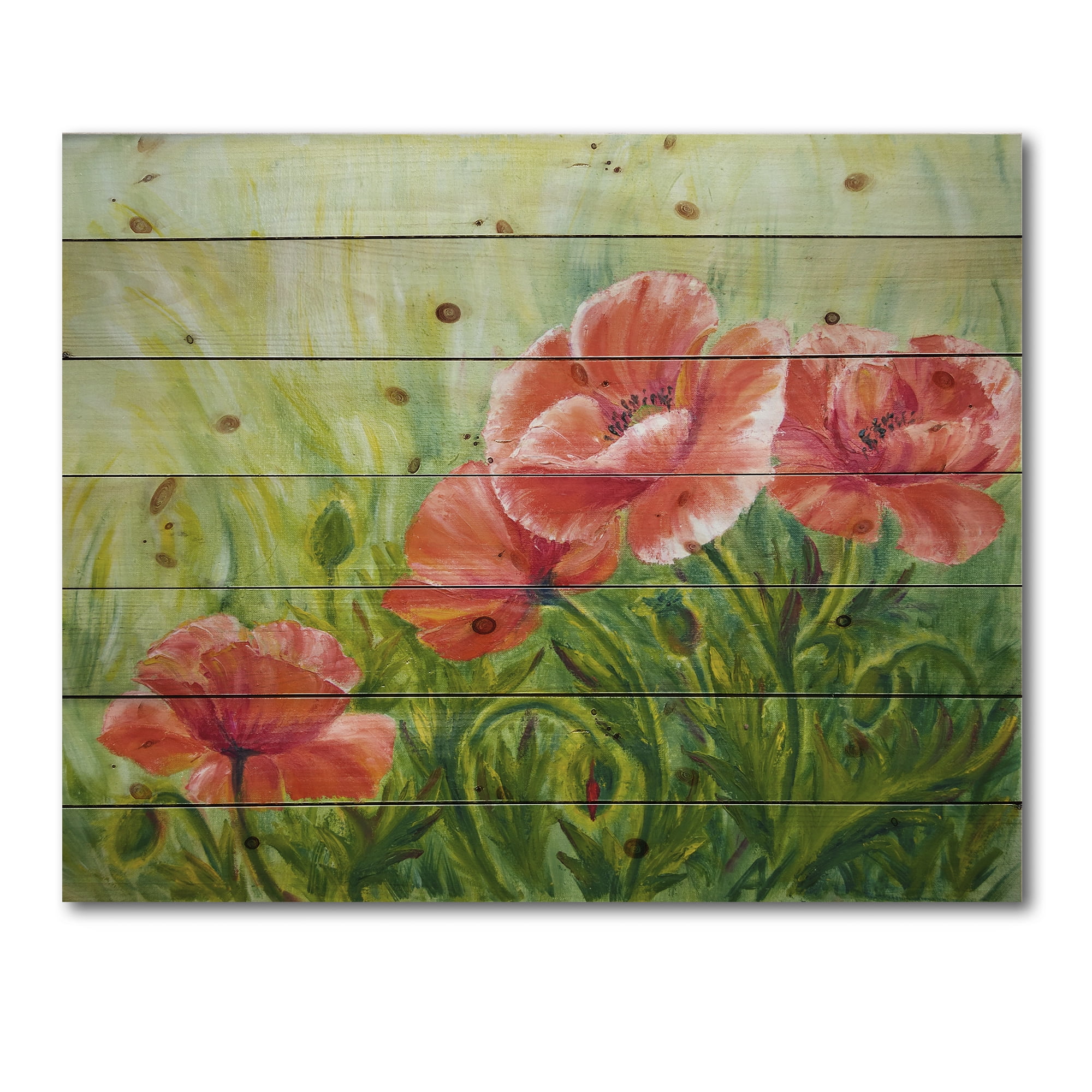 Designart 'Red Blossoming Poppies Over Wild Green III' Traditional Print on Natural Pine Wood