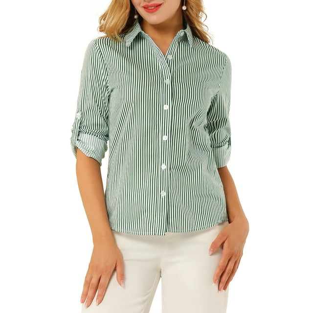 Camisas de mujer con cuello de solapa, de botones y mangas enrollables, XS, verde