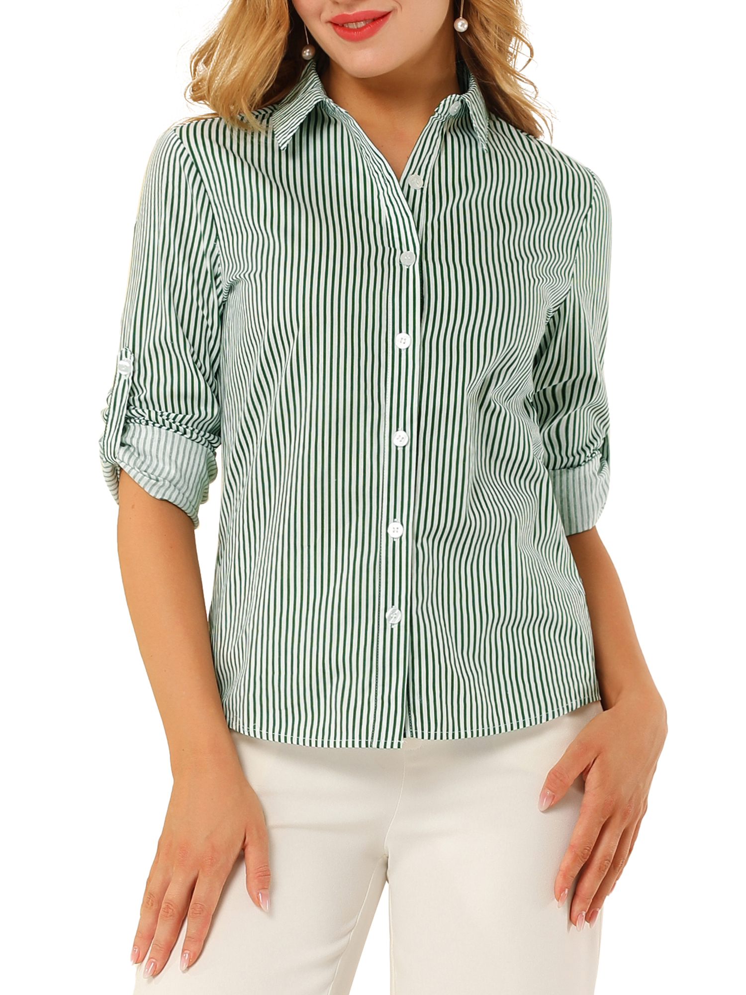 MakeMeChic Women's Striped Color Block Button Down Shirt - Long Sleeve Collared Office Top