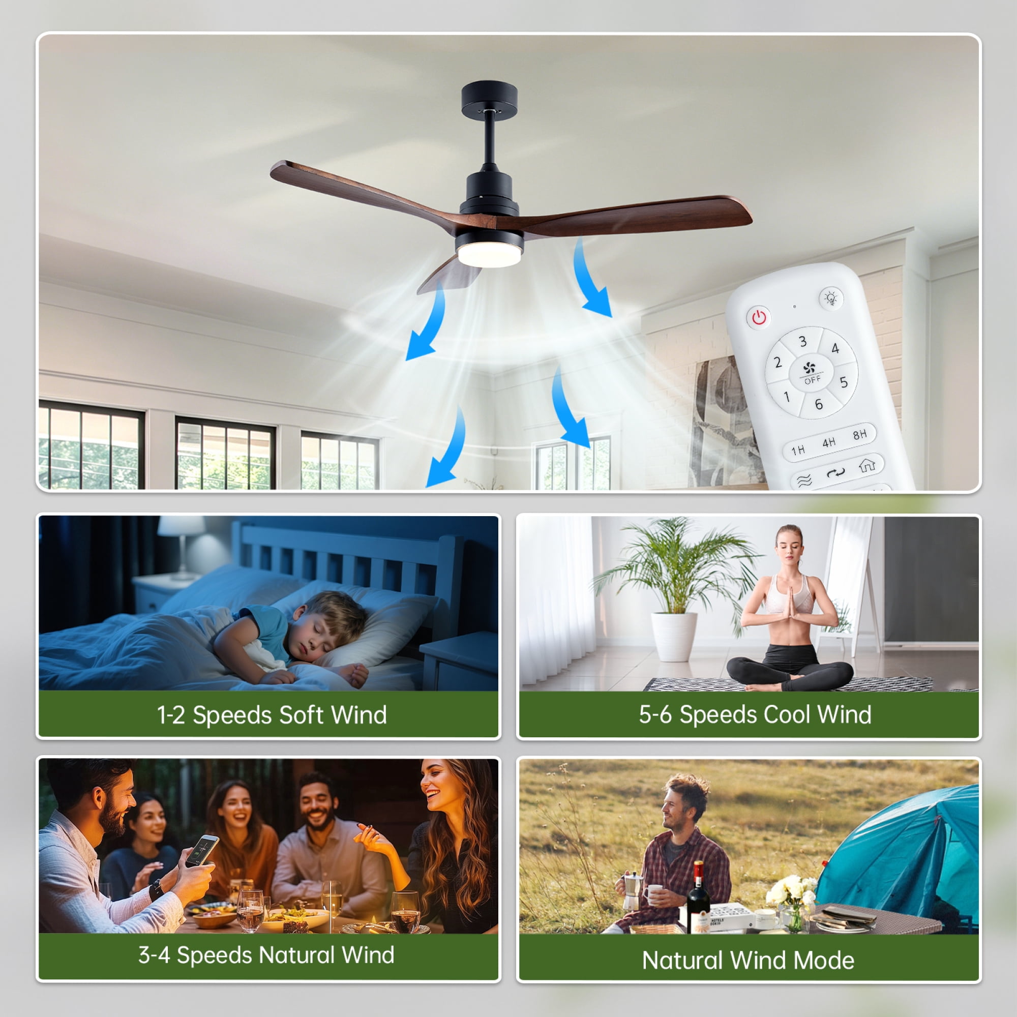 Leumius 52" Wooden Ceiling Fans with Lighted Remote Control, Modern Ceiling Fan with 3 Fan Blades for Patio, Living Room, Farmhouse (Black+Walnut)