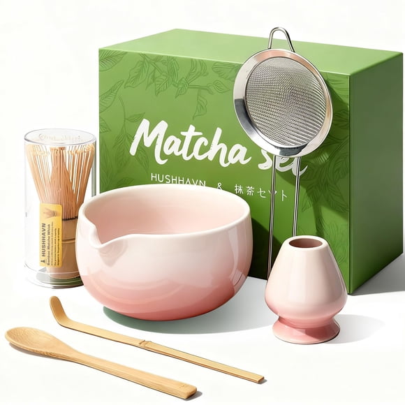 Juego de batidores para matcha HUSHAVN, cuenco y soporte de cerámica, 6 unidades, color rosa