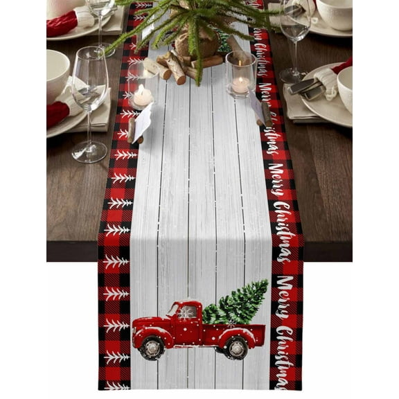 Christmas Table Runner Red Truck Pine Tree Table Runners Snowflake Wood Grain Plaid Cotton Linen Dresser Scarf Kitchen Dining Table Decor for Christmas Holiday Party Decor 13x36 Inch