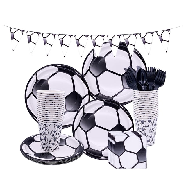 de vajilla de de 97 piezas, vajilla de fútbol, vajilla, platos, taza, cuchillos, tenedores, servilletas para graduación, cumpleaños,