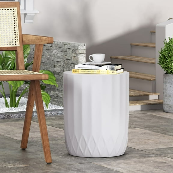 Outdoor Concrete Side Table, Holaki 18.5" Lightweigh Accent Table, Patio End Table for Outdoor, Up to 15lbs, White