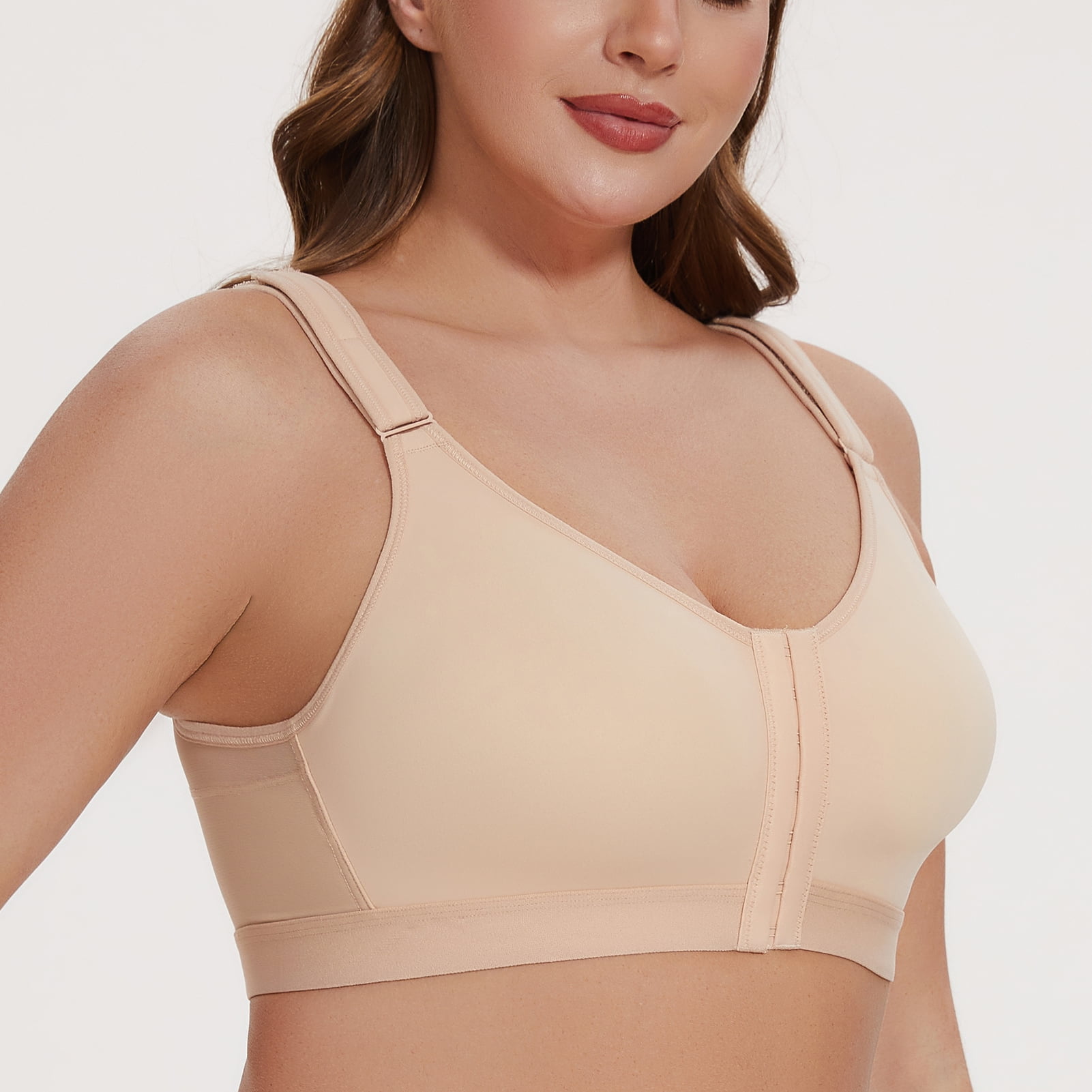 MELENECA Women's Front Closure Wirefree Post Surgery Plus Size Back Support Posture Bra Beige 34D
