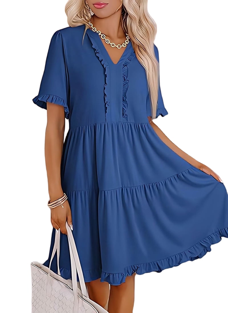 Womens Dresses 2025 Summer Spring V Neck Short Sleeve Casual A Line Flowy Swing Shift Dress Mini Dress Blue XL