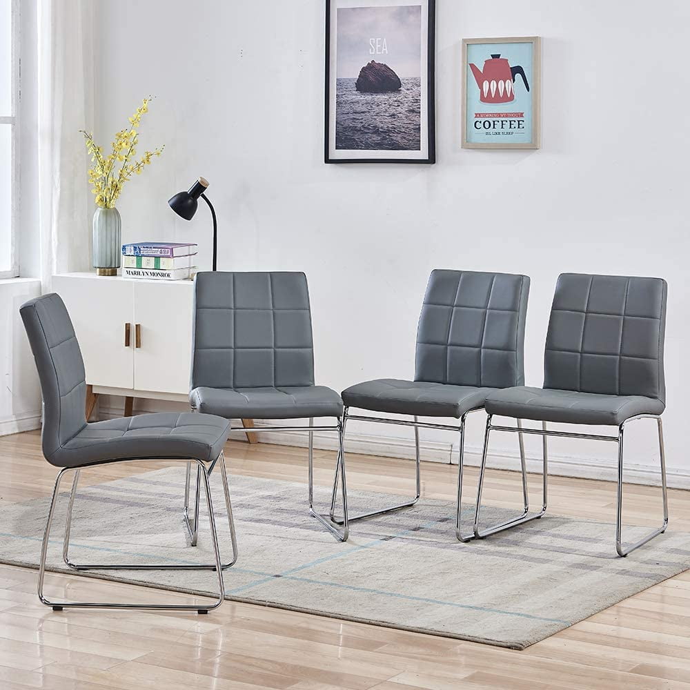Dining Chairs Set Of 4 Modern Faux, Grey Real Leather Dining Room Chairs With Chrome Legs Set Of 4