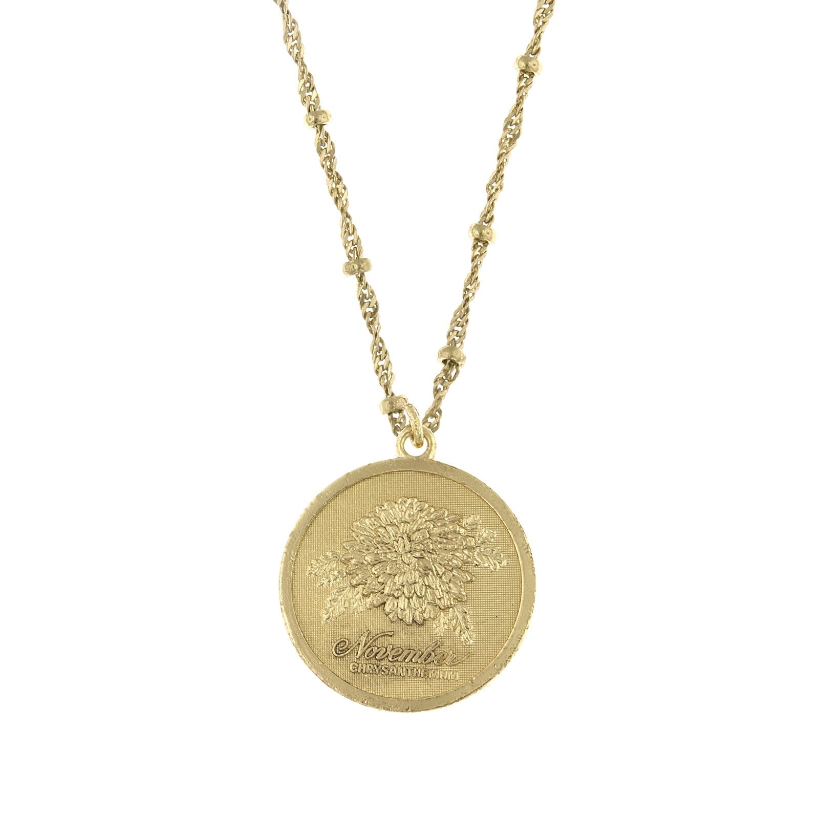 1928 Jewelry Flower Of The Month Gold Tone Birth Flower "November Chrysanthemum" Pendant Necklace For Women, 16"