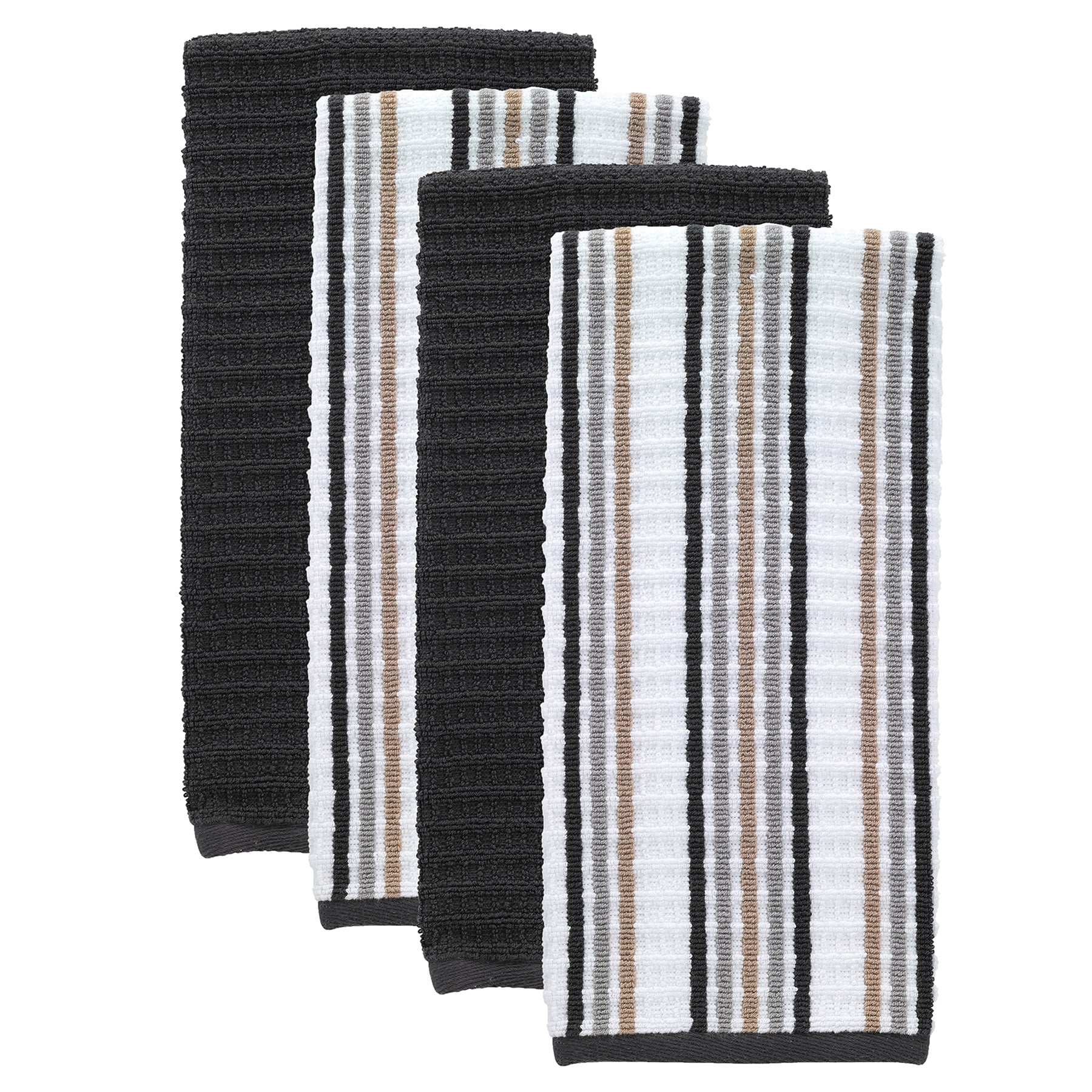 T-Fal Solid & Stripe Premium Kitchen Towels, 4-Pack, Charcoal
